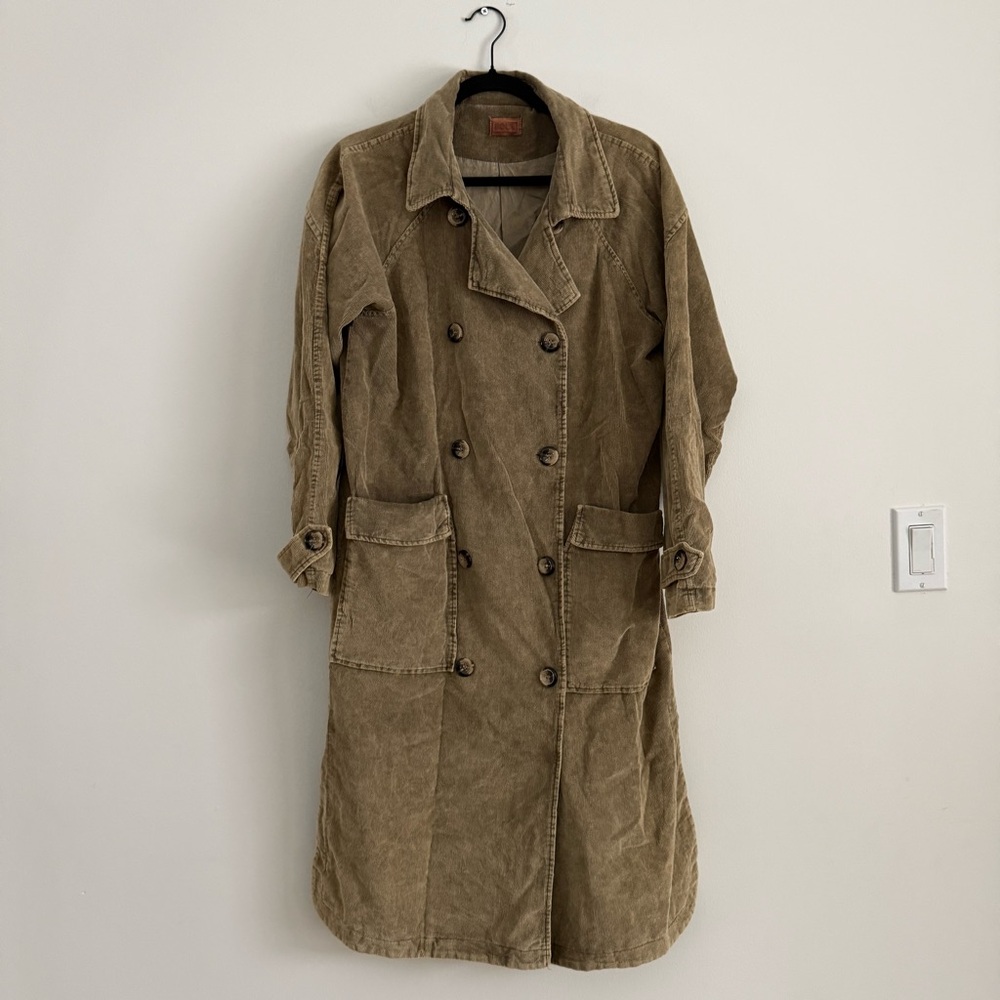 POL Corduroy Trench Coat Vintage Washed Military Jacket Olive Green Size S